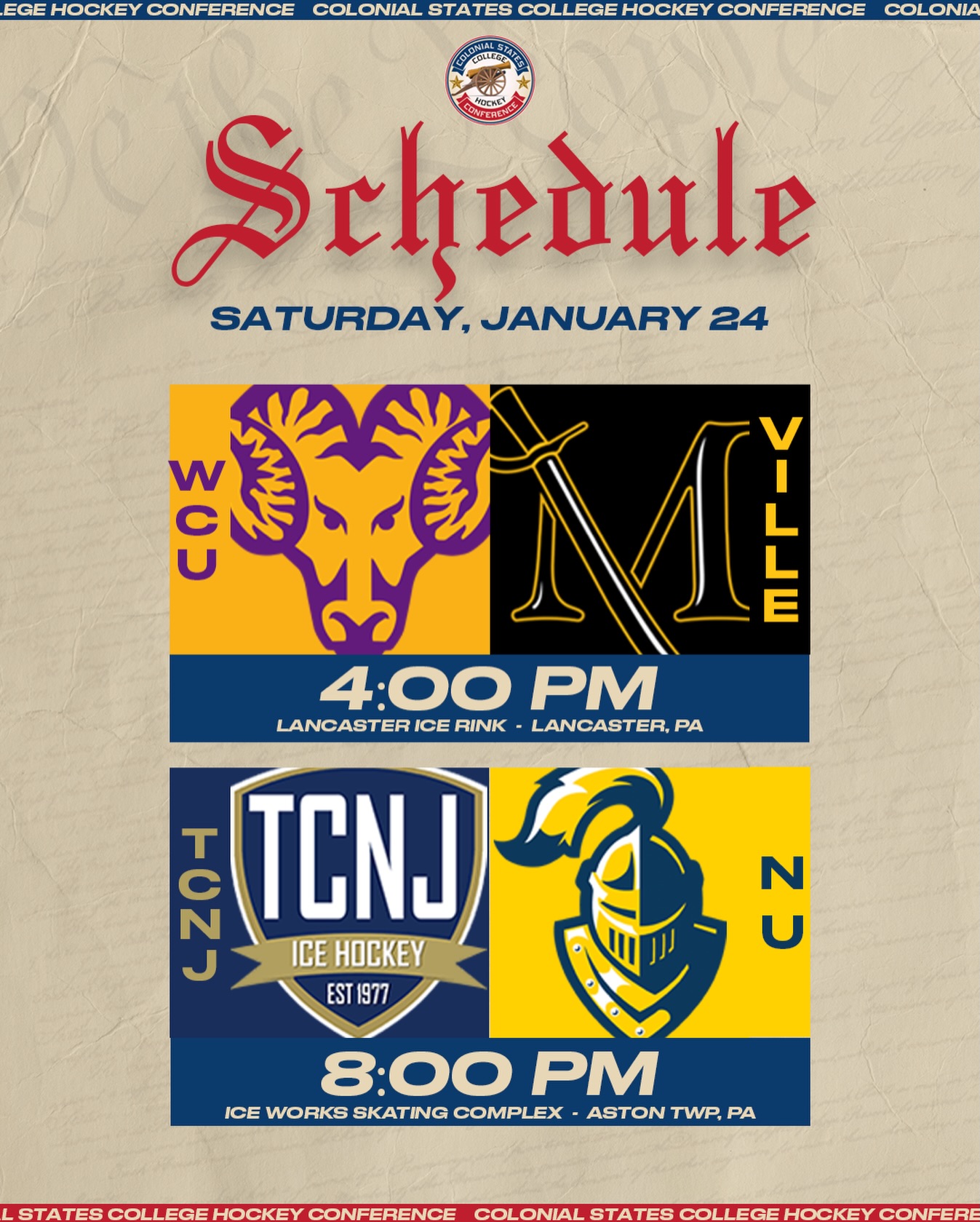 Neumann has a must win game to try to get a first round bye!

Stockton @ Drexel AND Scranton @ Seton Hall have been postponed due to the weather.

#CSCHC