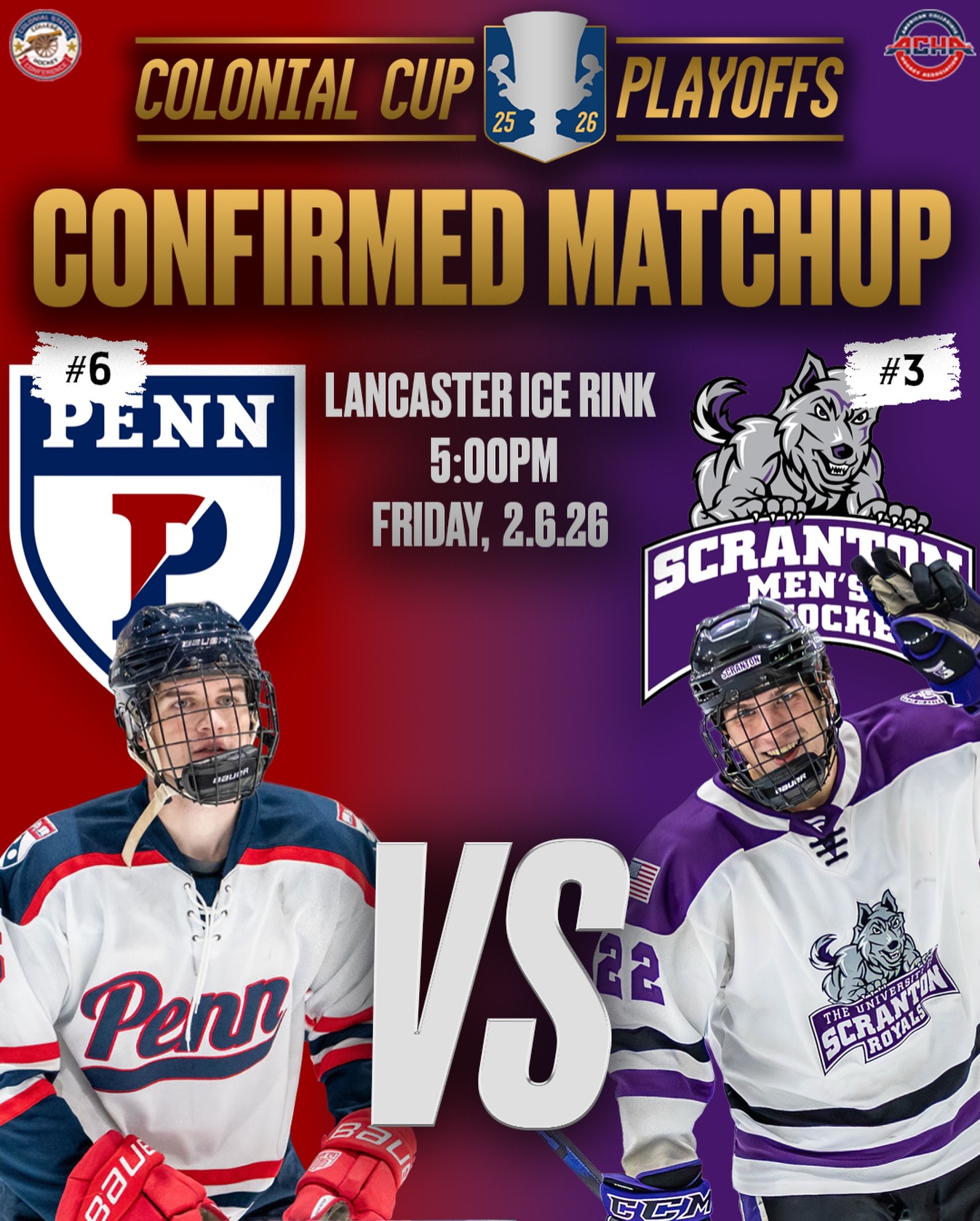 GAME 1‼️

Penn has officially clinched the #6 seed last night, which means they will now take on #3 Scranton in Game 1 of the Colonial Cup Playoffs!

#CSCHC | #ColonialCup