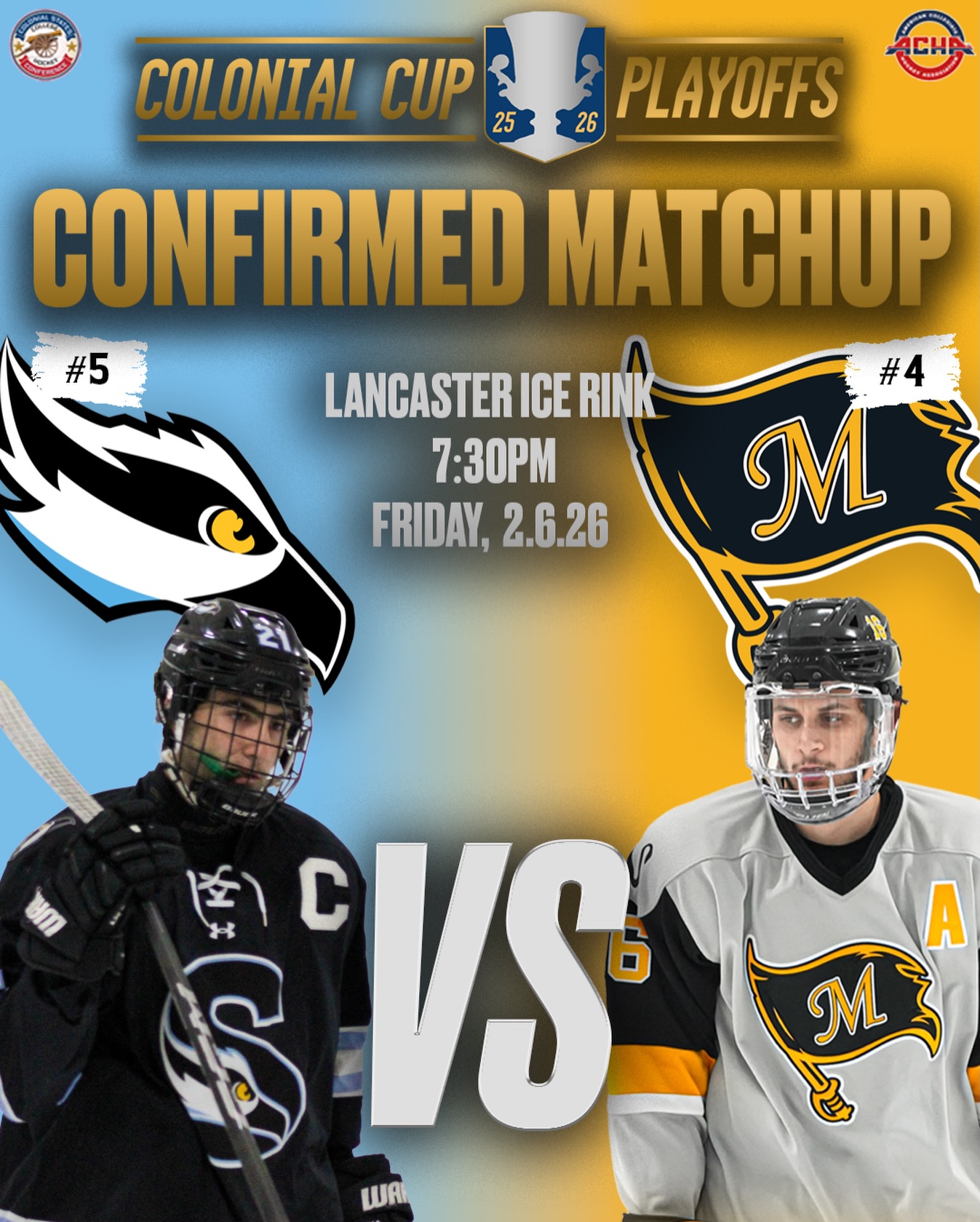 FIRST MATCHUP✅

Stockton has officially clinched the #5 seed last night which means they will take on #4 Millersville in Game 2 of the Colonial Cup Playoffs!

#CSCHC | #ColonialCup