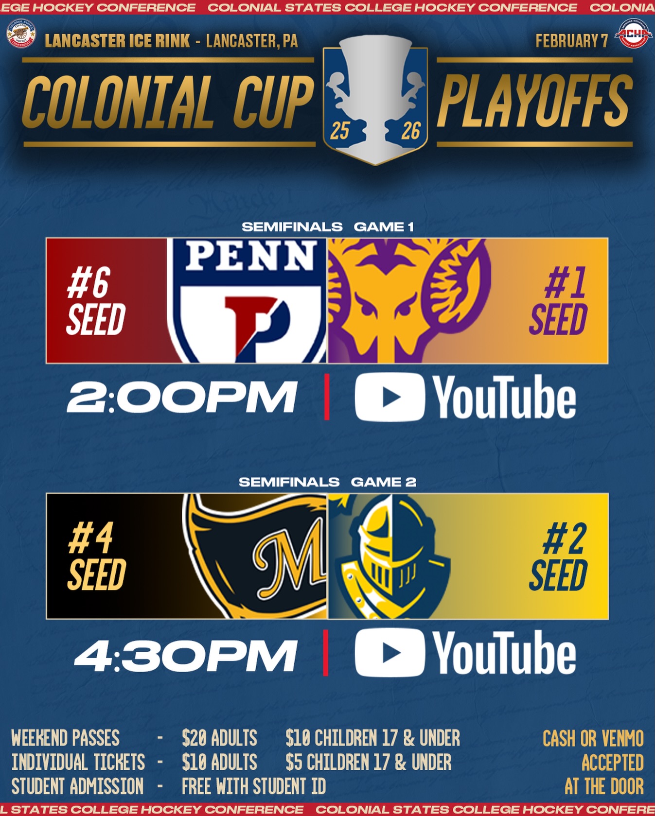 DAY 2‼️

Game 2 of the Semifinals starts this afternoon at 2pm as 6 seed Penn takes on 1 seed West Chester. Following that the defending champions, 4 seed Millersville, takes on 2 seed Neumann, at 4:30pm!

The winners of the two games today will play tomorrow for the Colonial Cup!

Like past years, the CSCHC’s Colonial Cup Playoffs are a ticketed event. Prices are as followed:
-Weekend passes are $20 for Adults and $10 for Children under 17.
-Day passes are $10 for Adults and $5 for Children under 17.
-Admission for all students is FREE with student ID.
-Players, Coaches, and Team Personal will not need to pay to enter the rink.

All tickets have to be paid for at the doors and can be paid with CASH or VENMO.

#CSCHC | #ColonialCup