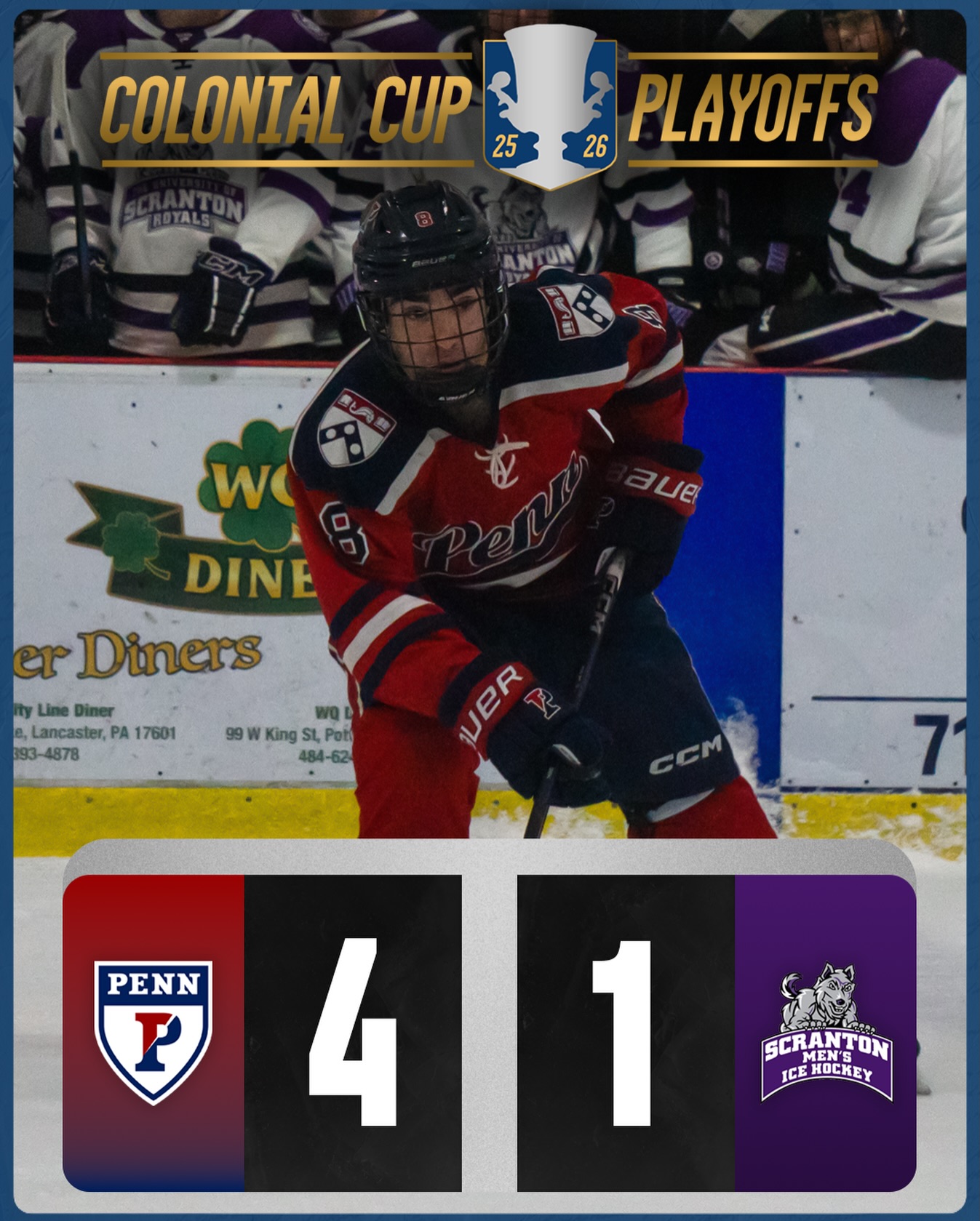 6 SEED PENN UPSETS THE 3 SEED TO MOVE ON‼️

6 Penn takes on 1 West Chester at 2:00pm tomorrow in the semifinals!

#CSCHC | #ColonialCup